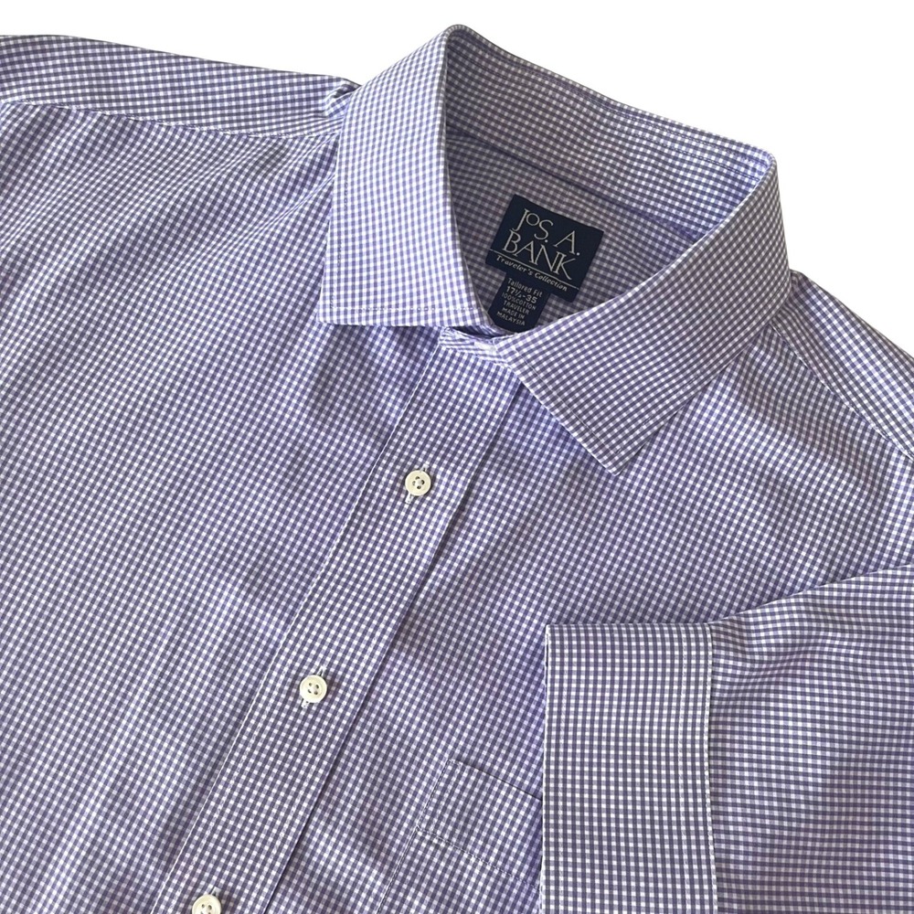 Jos. A. Bank Mens Dress Shirt 17.5 35 Purple White Gingham Traveler Tailored Fit